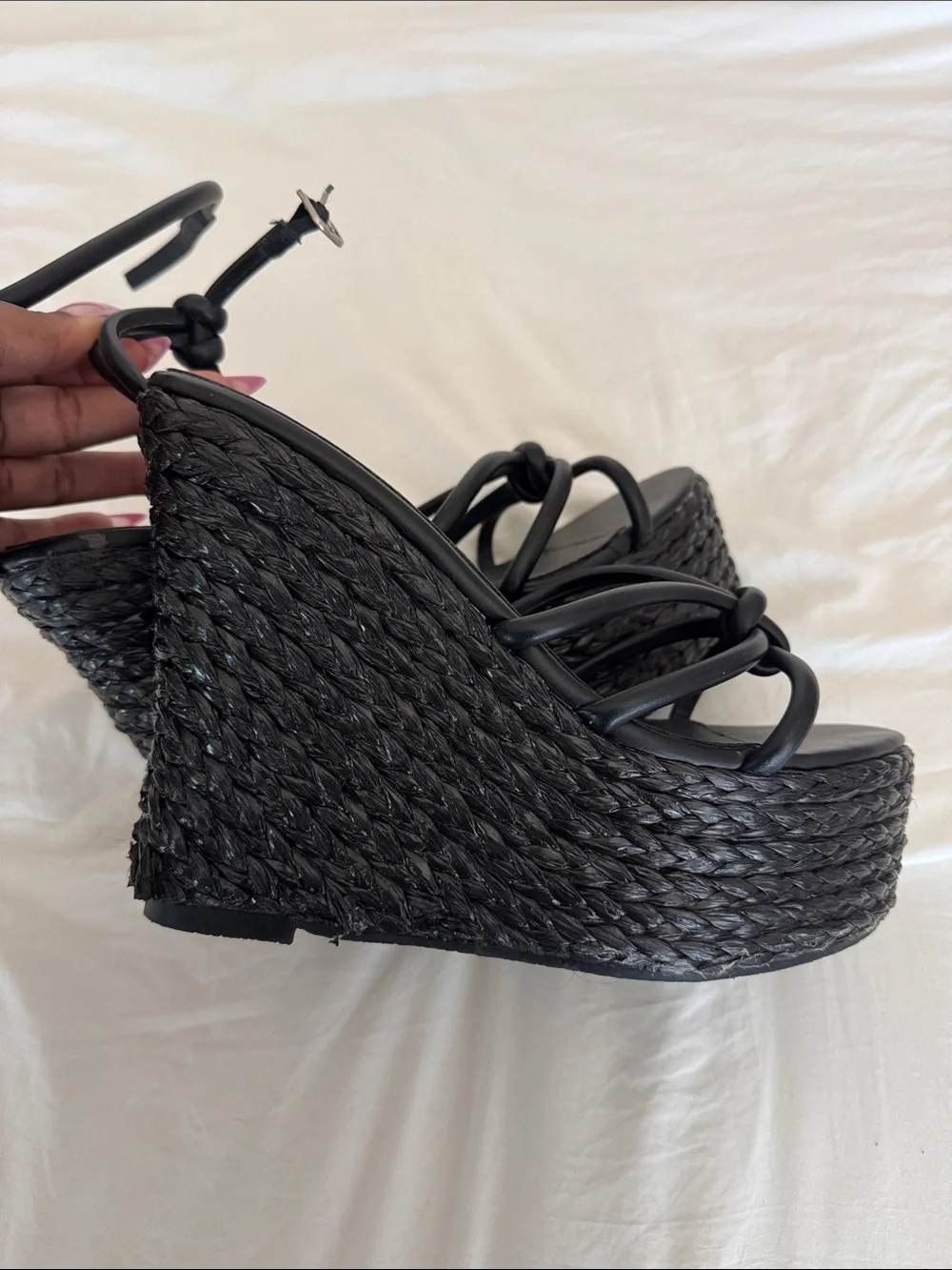 Women's Black Woven Platform Wedge Sandals with Ankle Strap